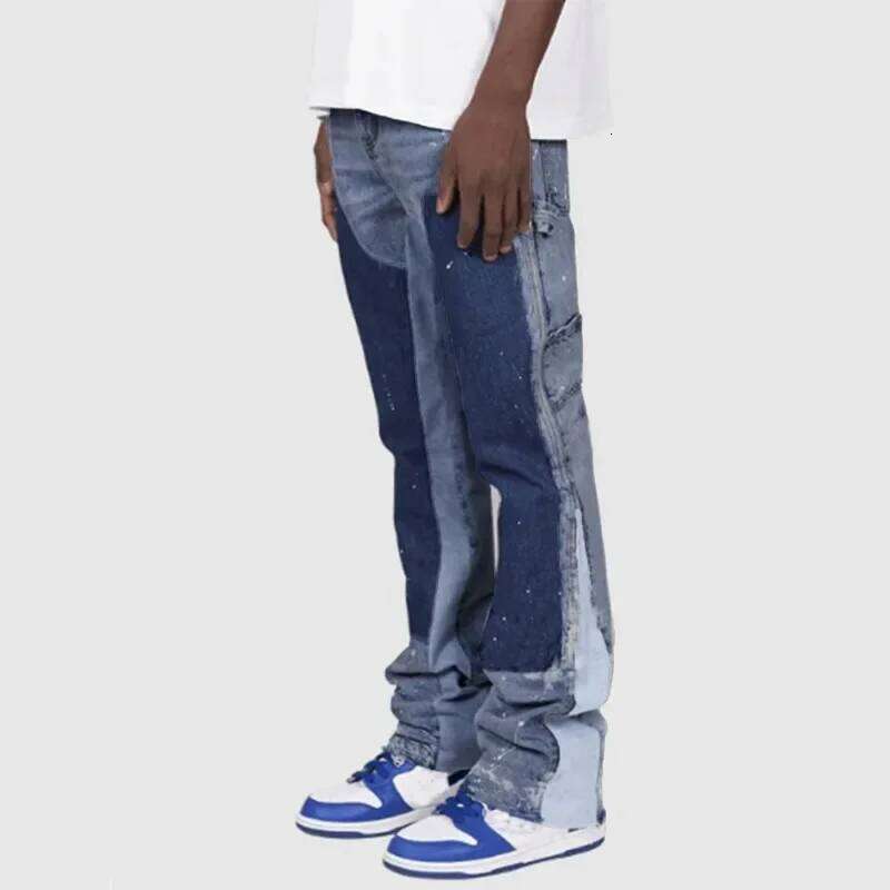 Y2k Men Painting Baggy Fashion Work Wear Popular Stretch Patch Denim Stacked Flare Jeans Pants 26Y0312
