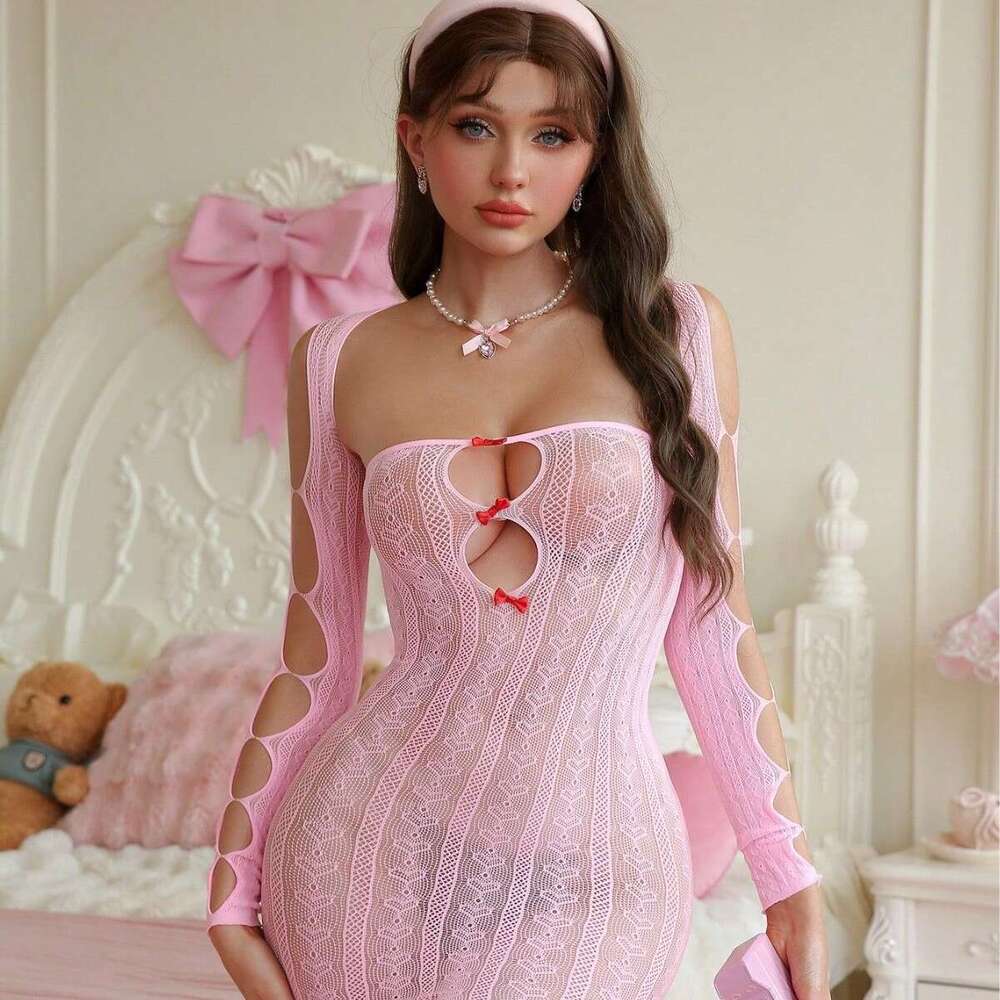 Women Pink Lace Cut-Out Bodysuit Dress Romantic Long Sleeve Lingerie with Bow Detail for Party, Date Night, or Costume Wear