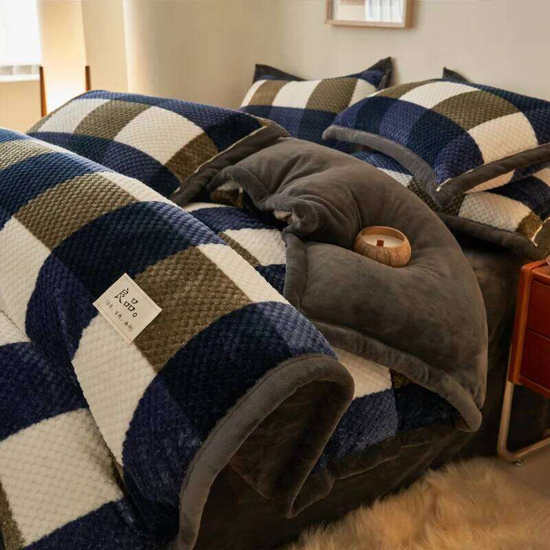 2025 new plaid color matching milk fleece four-piece double-sided winter thickened warm bedding kit household H260312