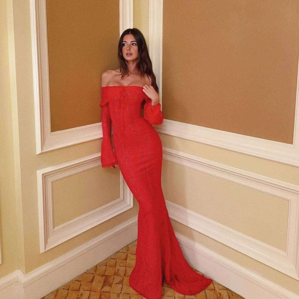 Oligai Autumn Off-Shoulder Maxi Elegant Lace Flare Sleeves Red Evening Party Women's New Arrival 2025 Cocktail Dress C260312
