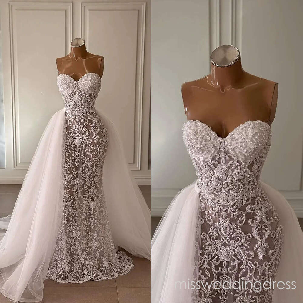 Elegant Lace Wedding Dresses Pearls Strapless Bridal Gowns Detachable Train Appliques Mermaid Customized Bride Vestidos De Novia Plus Size