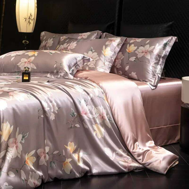 4pcs printed high-end silk bedding soft satin single double duvet cover pillowcase flat or fitted sheet set H260312