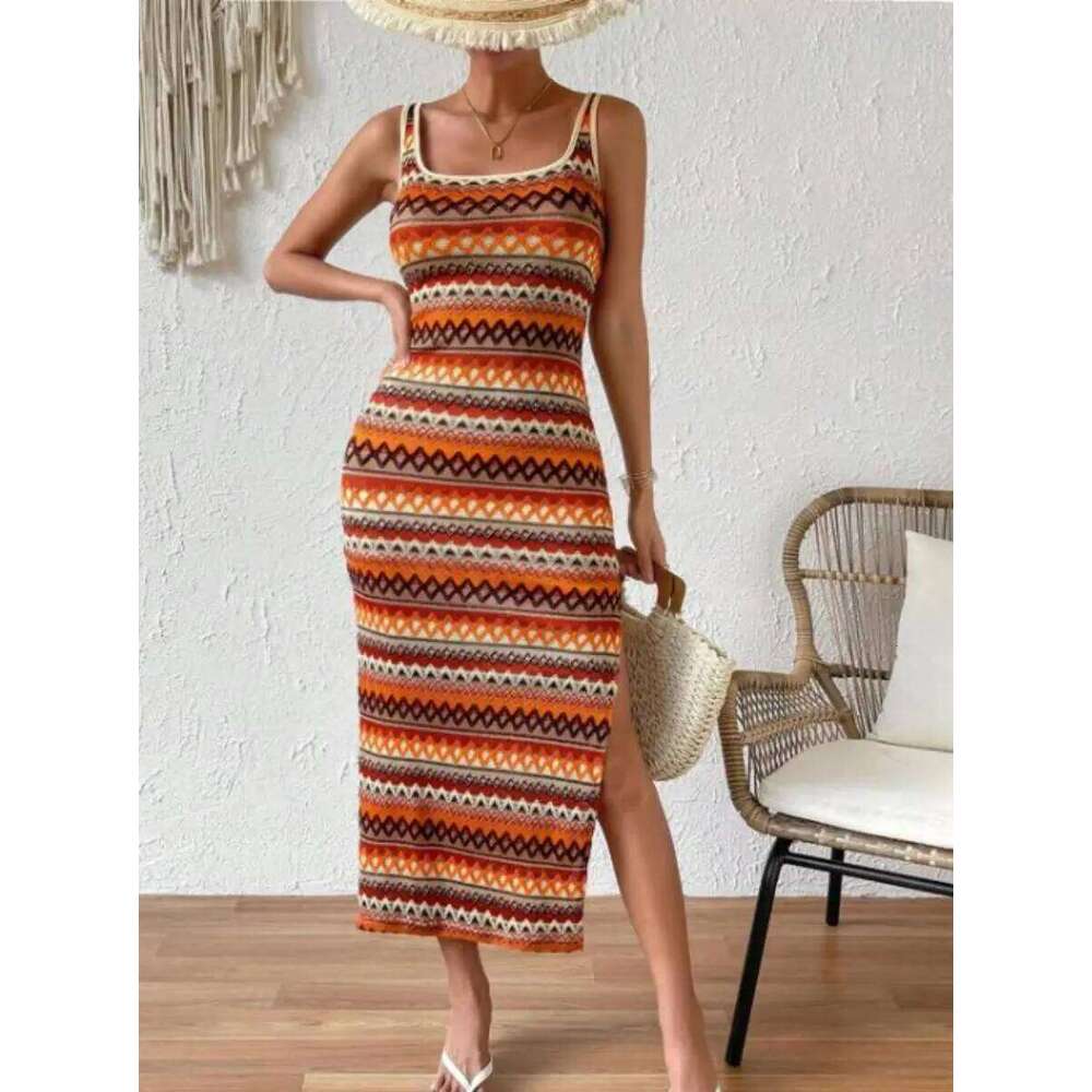 Spring new European and American women's personality street fashion casual stripes sleeveless square collar dress women C260312