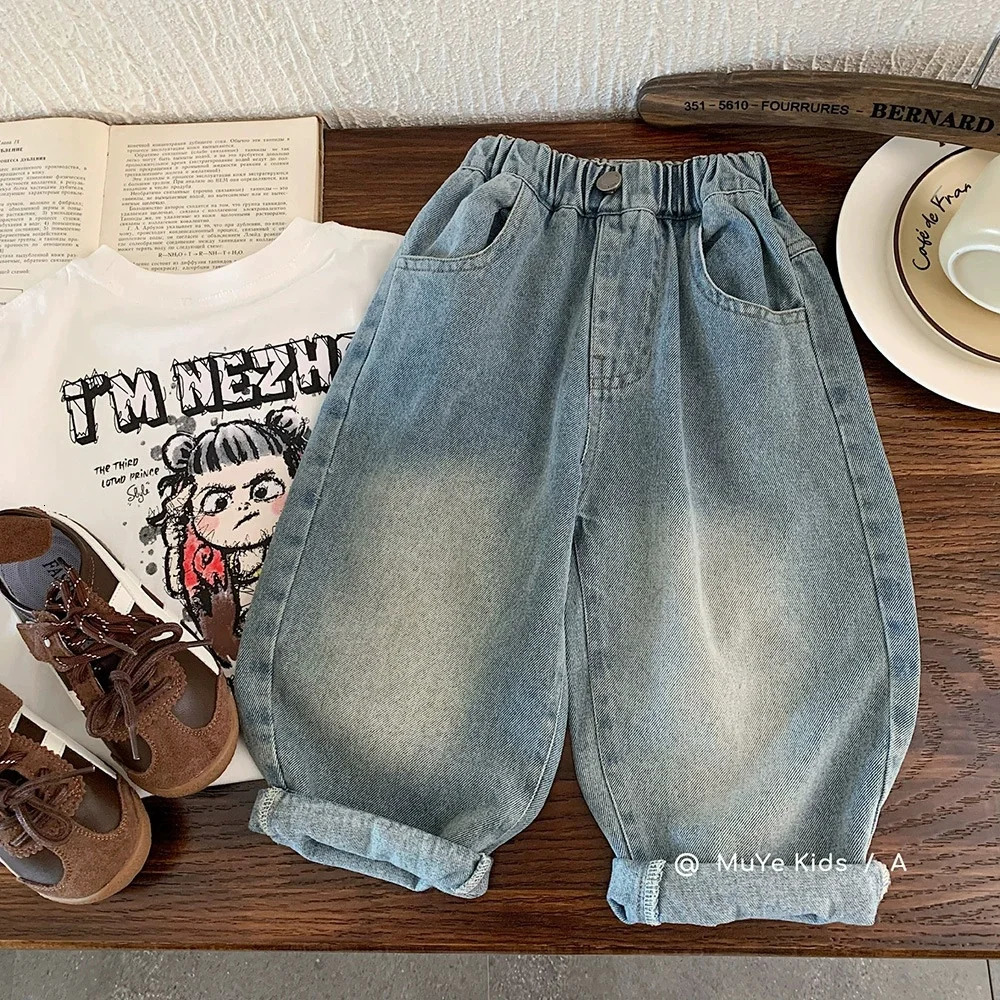 n Casual Outdoor Pants Autumn Boys Kids Denim Stylish Girls Jeans Straight Trousers Elastic Waist Childre 260311