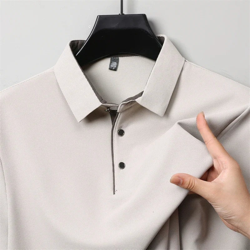 Mens Business Casual Long Sleeve Solid Color Polo Shirt Fashionable Warm Comfortable Four Seasons Versatile Top 260311