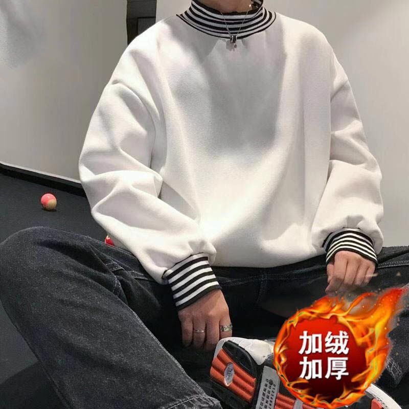 Autumn And Winter Striped High-neck Fleece Sweatshirt For Male Students Designer Hoodie Style Ins Trendy Brand Faux Two-piece Hip-hop Fashion Loose Ja