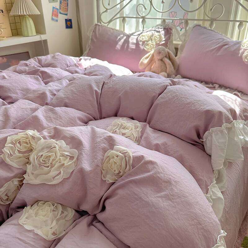 3/4Pcs Korean Style Princess Lace Ruffles Skin-friendly Soft Flowers Embroidery Bedding Set Duvet Cover Bed Sheet Pillowcases H260312