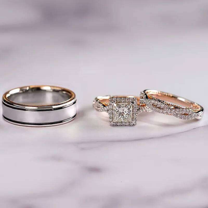 14K Gold Vintage 3-in-1 Promise Ring Set Lab Diamond Engagement Wedding Band Rings for Women Men Party Jewelry H260312