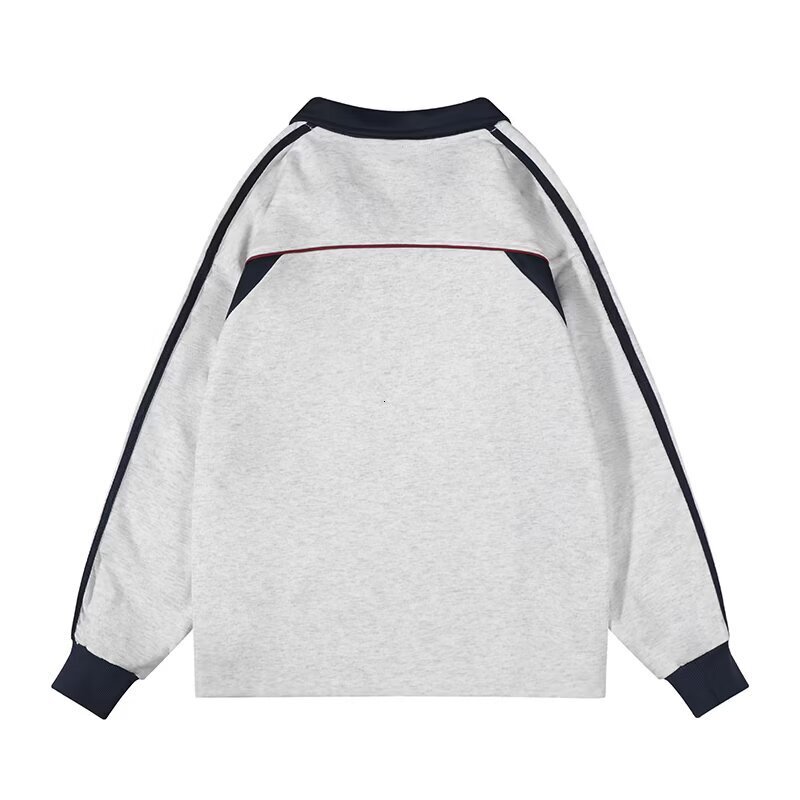 Retro Color-blocking Sports Style Long-sleeve T-shirt For Men Trendy Street Designer Hoodie Style Couple's Polo Collar Blank Sweatshirt