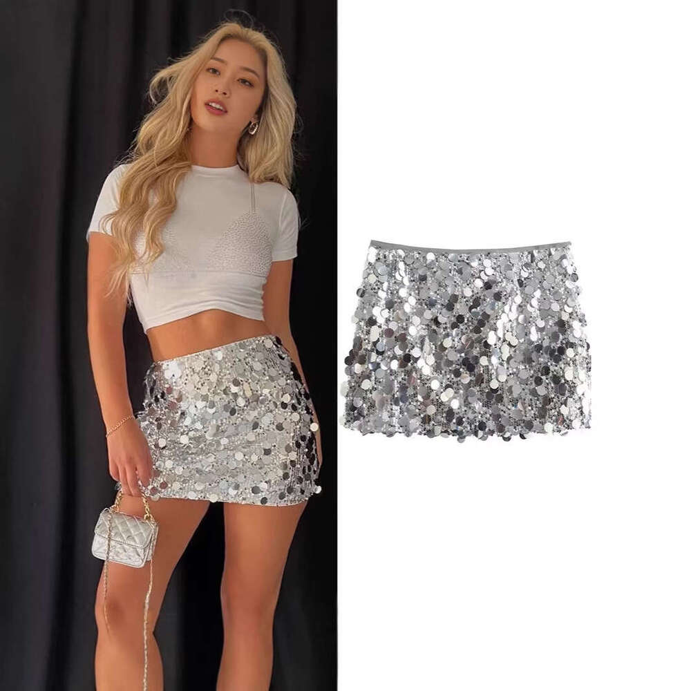 2025 Winter Cross-Border Trade European and American Style Women's Sexy A-Line High Waist Bodycon Sequin Mini Skirt