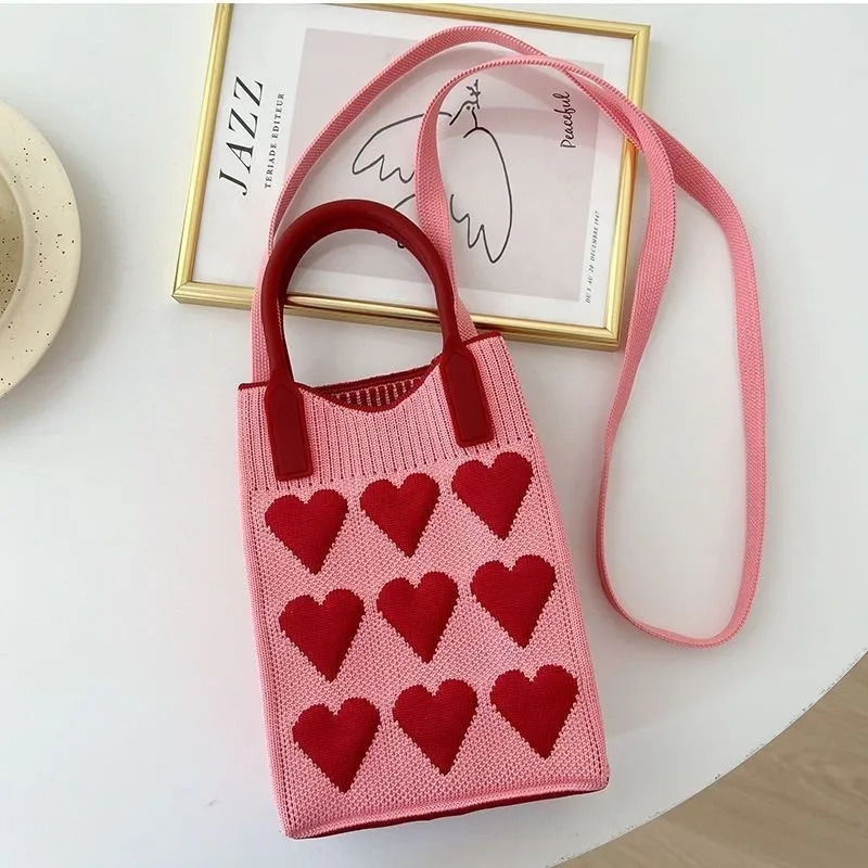 Korean Fashion Heart Knitted Mini Square Handbag for Women Small Mobile Phone Shoulder Bags Girls Cute Outdoor Crossbody 260227