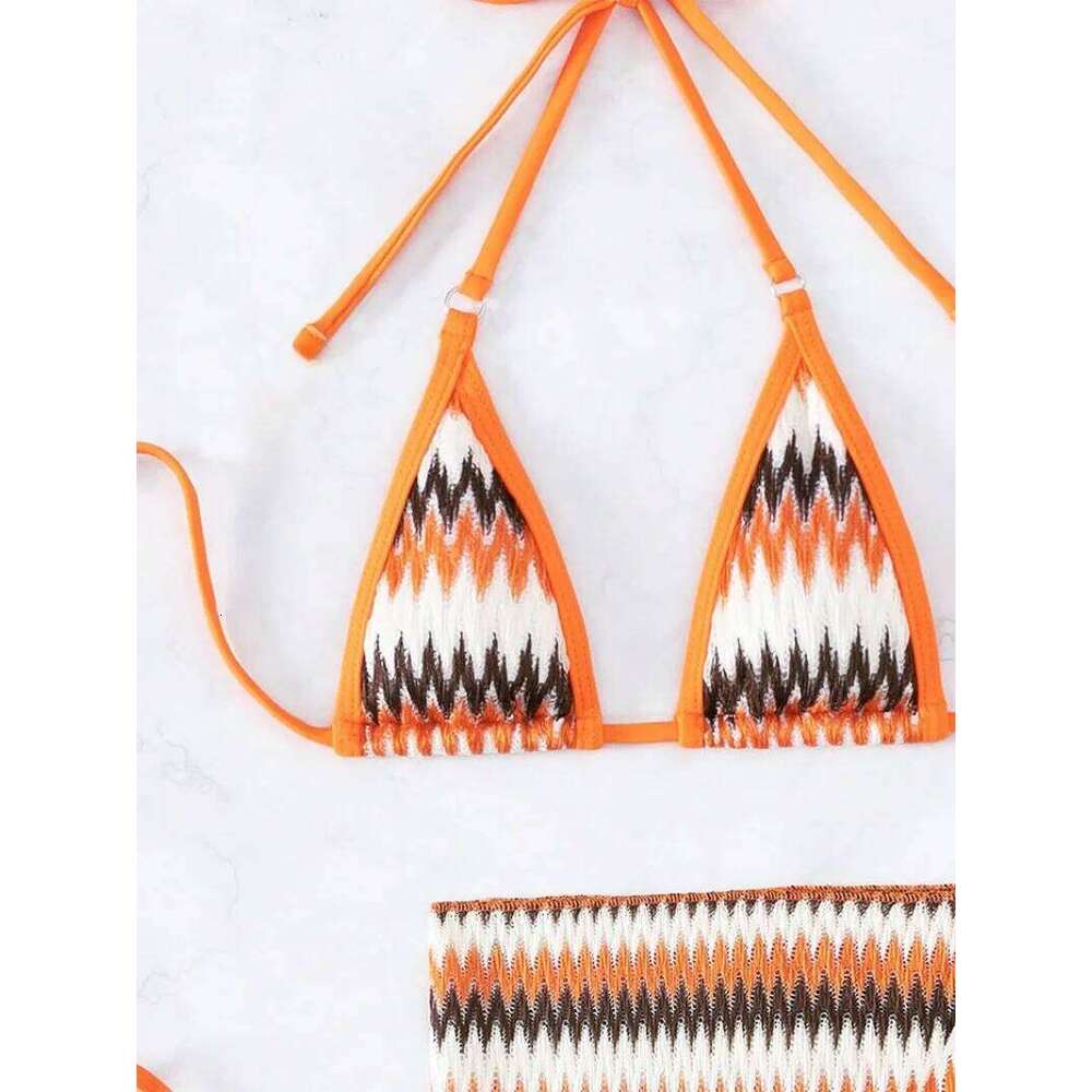sexy orange striped micro mini bikinis sets three pieces women triangle push up bra and thong with skirt swimsuit Y260303