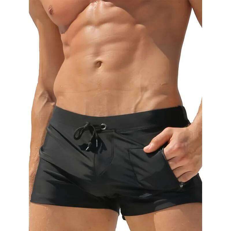 Stretchy Nylon Elastane Men's Quick-Dry Swim Trunks with Zipper Pocket - Solid Color, Drawstring Waistband for Beach & Pool Z260312
