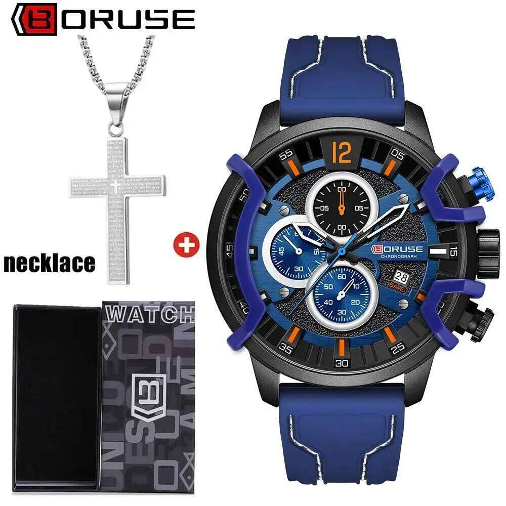 2Pcs/set BORUSE Fashion Men's Sporty Silicone Strap Quartz Watch and Necklace Set Ideal Gift for Men