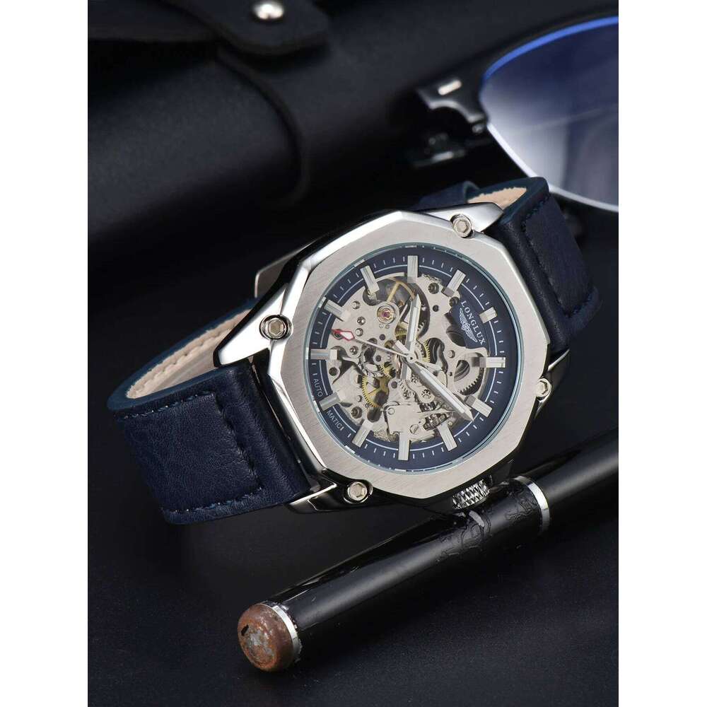 LONGLUX automatic sport style wholesale mechanical wristwatches fashion hollow leather mens watch men gift