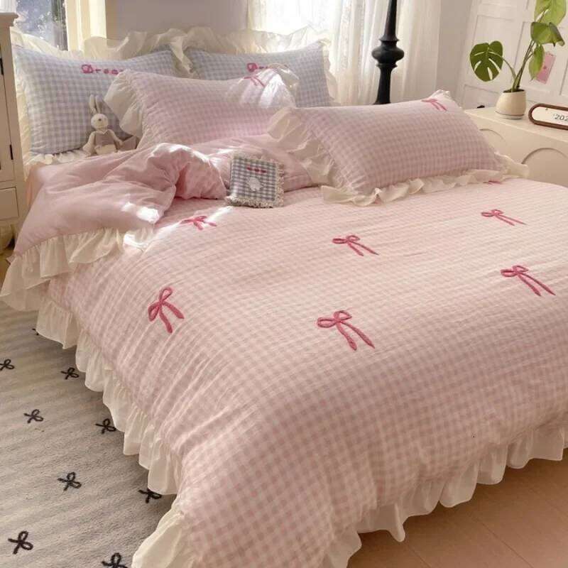 2025 spring and summer new Korean bow four-piece princess style lace washed cotton girl heart pink H260312