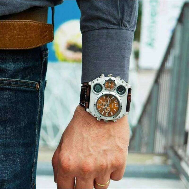 Oulm Fashion Casual Night Light Dual Time Zone Large Dial Leather Strap Men's Quartz Watch reloj hombre