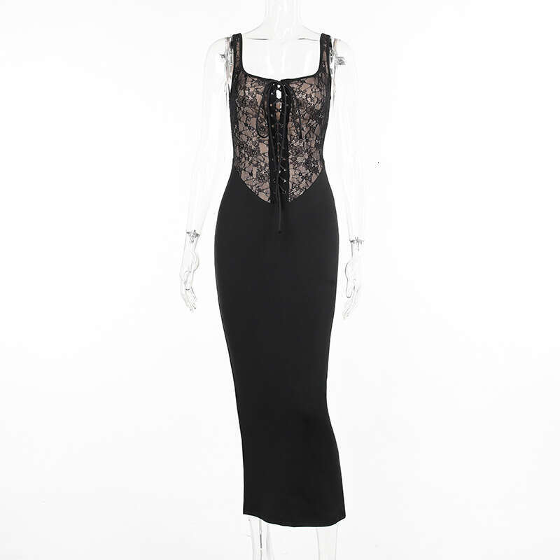 Summer New Sexy Hot Girl Long Elegant Slim Fit Vest Lace Patchwork Tie Dress For Women