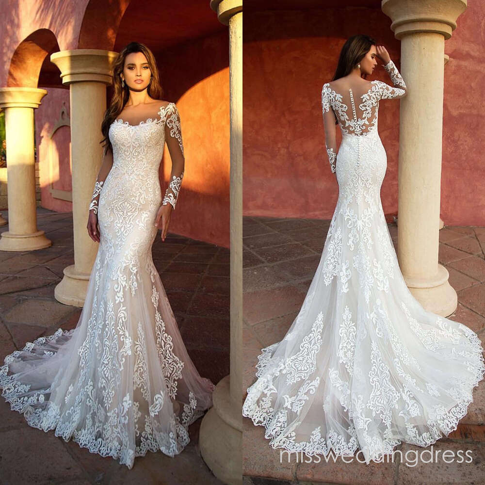 Elegant Mermaid Wedding Lace Appliques Bridal Gowns Long Sleeve Custom Made Sweep Train Bride Dresses Plus Size