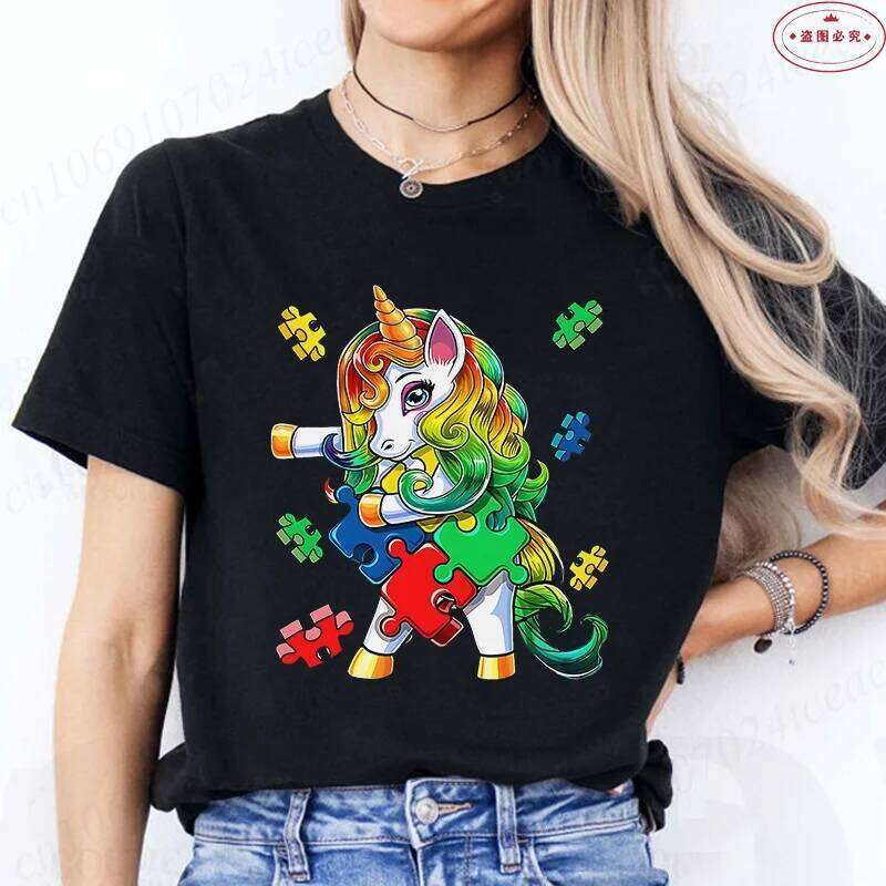 Autism T-Shirt for Women Clothing Summer O Neck Short Sleeve Tees Shirt Awareness Month Unicorn Graphic Y2k Tops Z260312