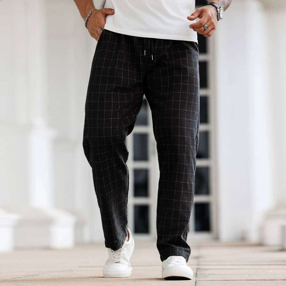 Mens Plaid Pants Solid Color Casual Straight-Leg Trousers Slim Fit Versatile Daily Home Pajamas for Travel And Holidays