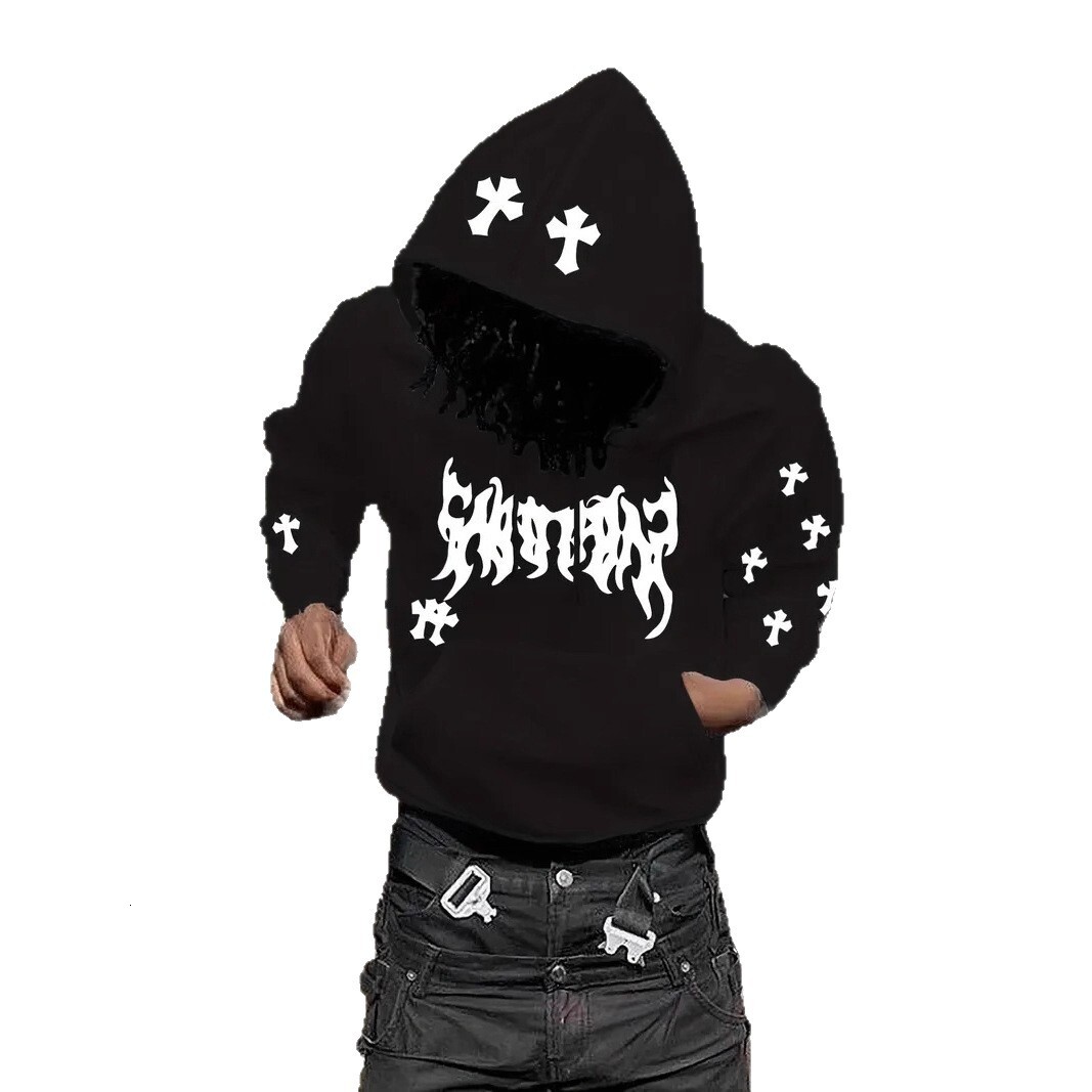 Luxury Brand Designer Clothes Dark Style Personality Cross Print Hoodie For Men Trendy Street Style Hip Hop Pullover Trendy Brand Top