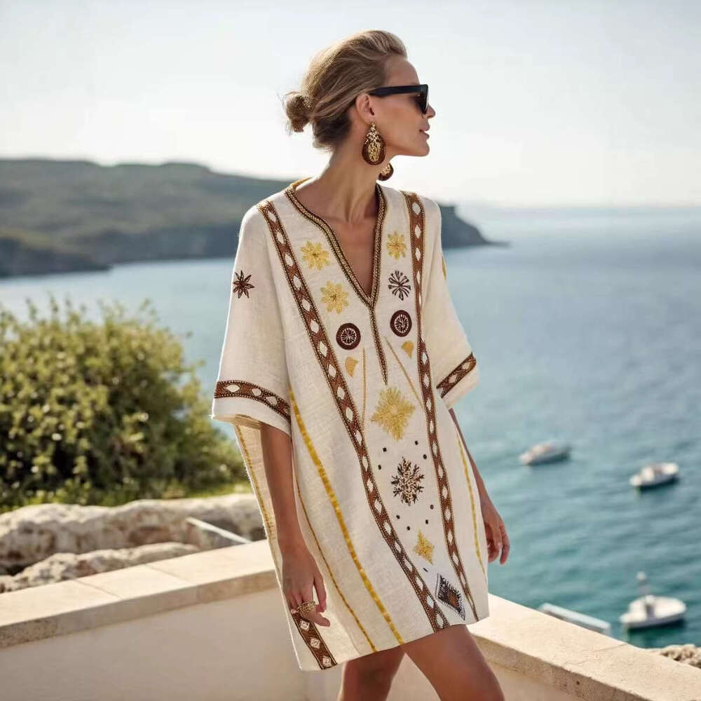 2026 New Seaside Vacation Style V-Neck Bohemian Print Loose Beach Dress Short Sleeve Sunscreen Cover-Up