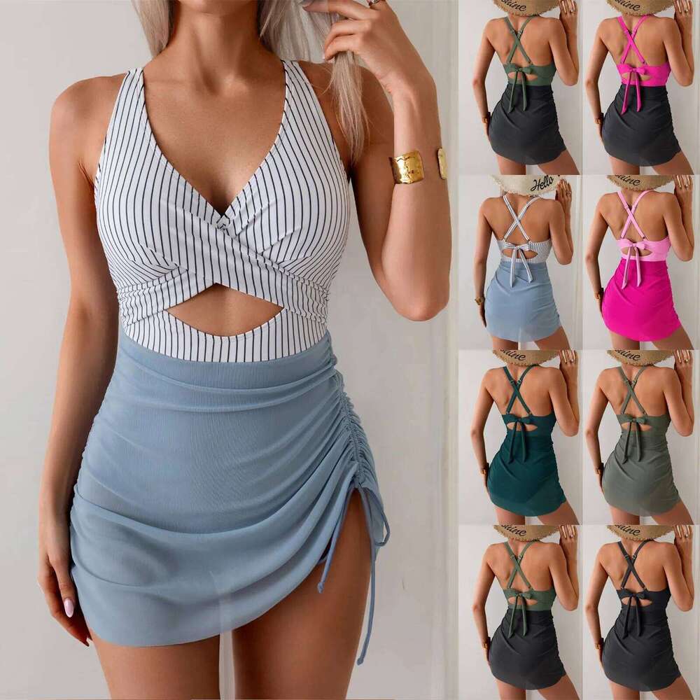 Women's one-piece bikini sexy suspender deep v swimsuit mesh splicing side drawstring swimsuits beach wear Y260303