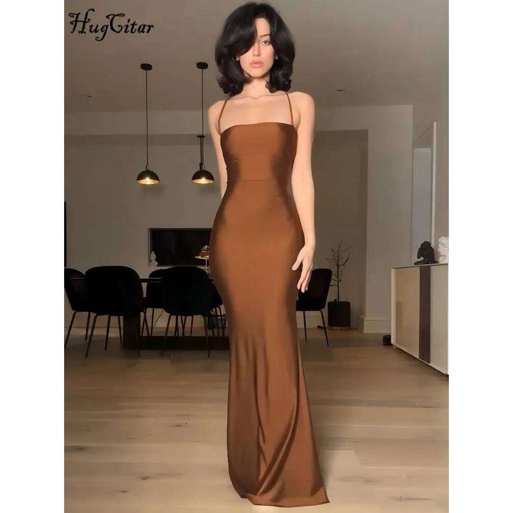 Hugcitar 2024 Spring Solid Slips Backless Draped Bandage Sexy Slim Maxi Prom Dress Women Elegant Clothes Party Birthday Festival C260311