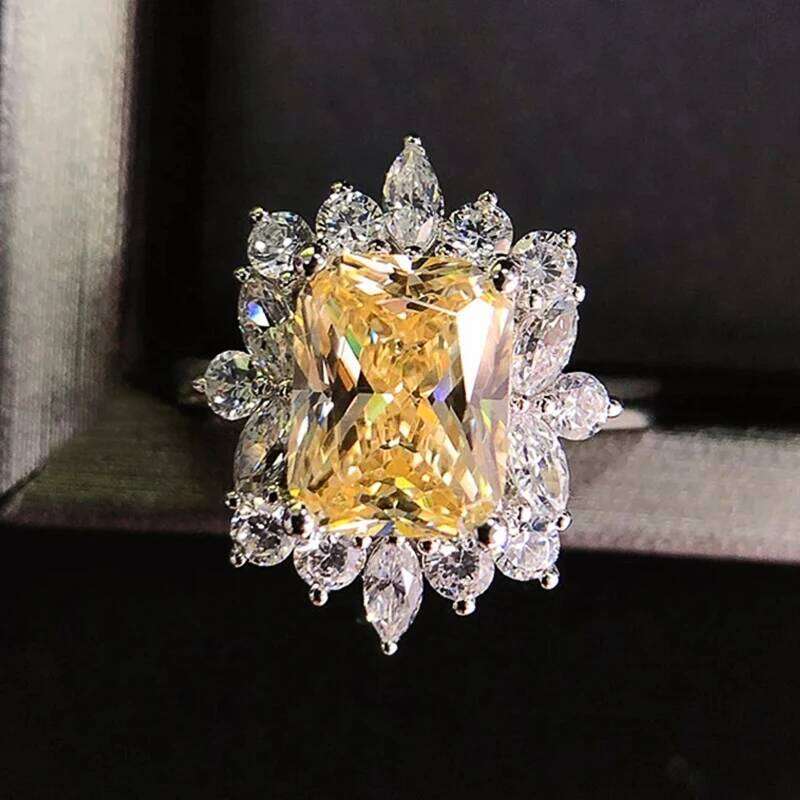 Huitan Square Yellow CZ Stone Women's Ring for Evening Party Elegant Lady Finger-rings Anniversary Gift Fashion Jewelry H260312