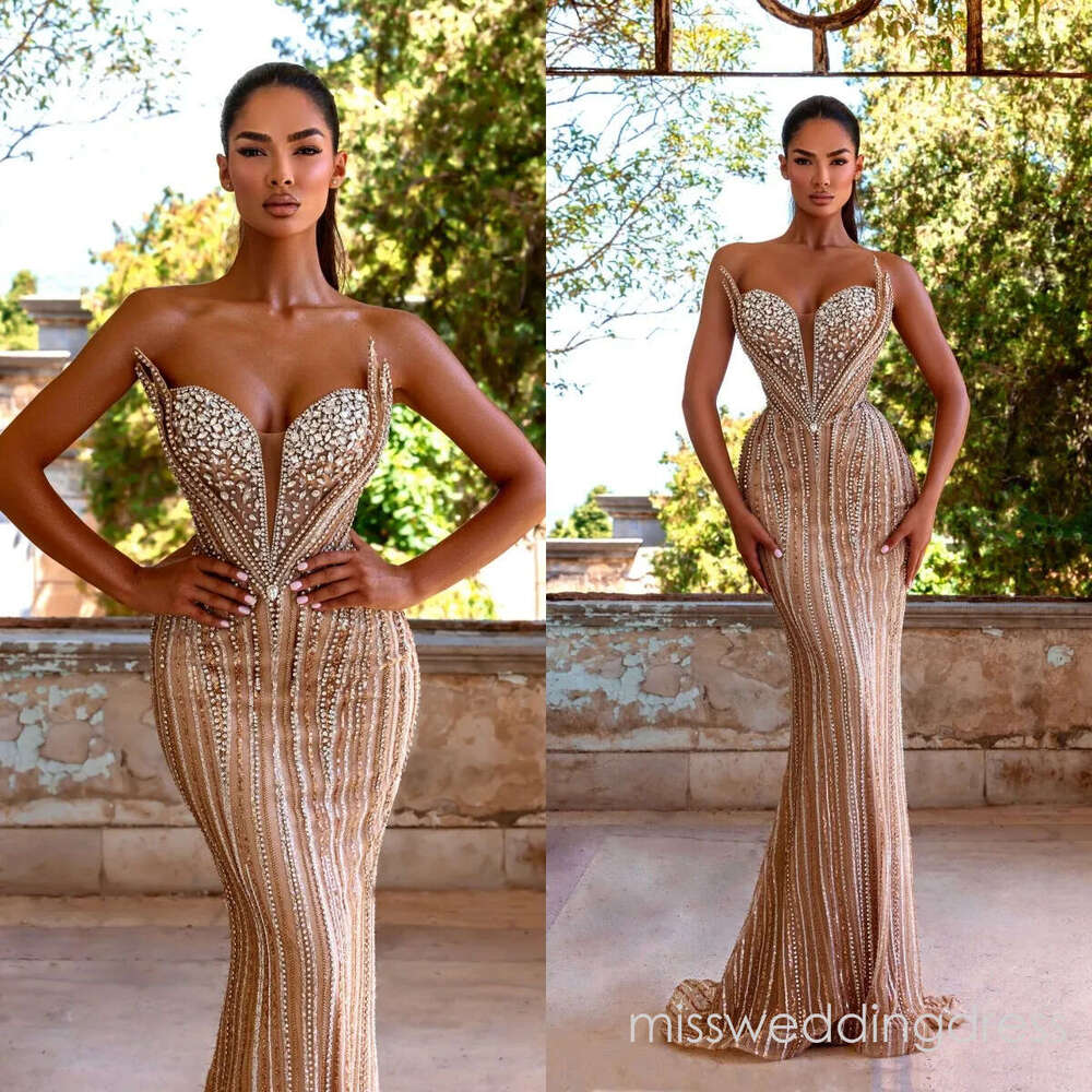 Luxury Strapless Evening Dresses Crystal Beading Prom Gown Sleeveless Princess Mermaid Party Dress Customized Vestidos De Noche Plus Size