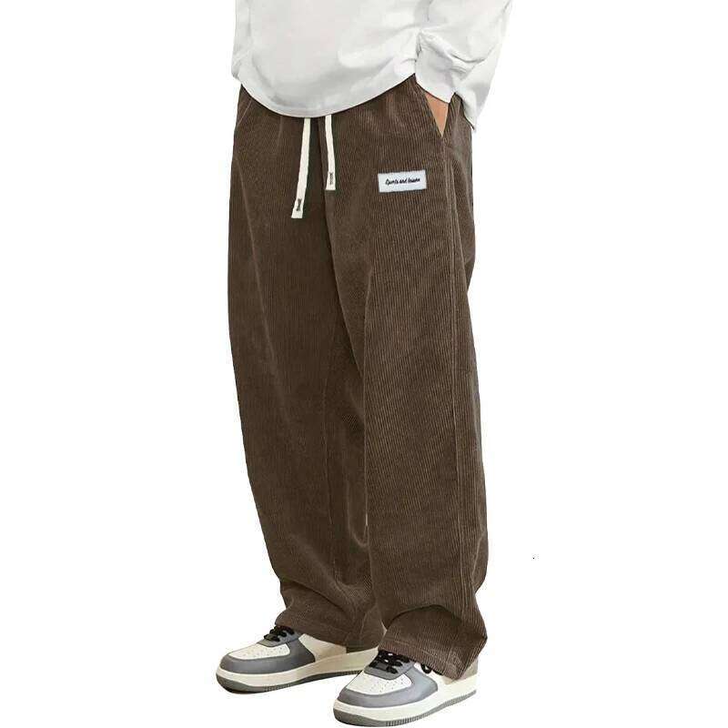 Autumn Mens Corduroy Casual Fashion Loose Fit Pants Straight Sweatpants Elastic Waist Drawstring Outdoor Streetwear
