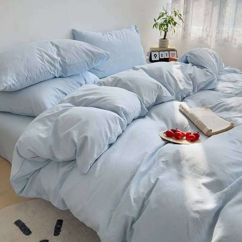 INS Korean Style Fresh Blue Duvet Cover Washed Cotton Sheet Bed Skirt Four-Piece Set Dormitory Simple Solid Color H260312