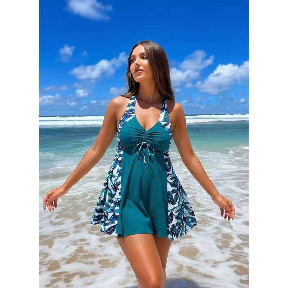 2026 New European and American Cross-Border Women's Swimwear: Conservative, Plus Size, Loose-Fit Skirted Printed Swimsuit with Straps, Concealing