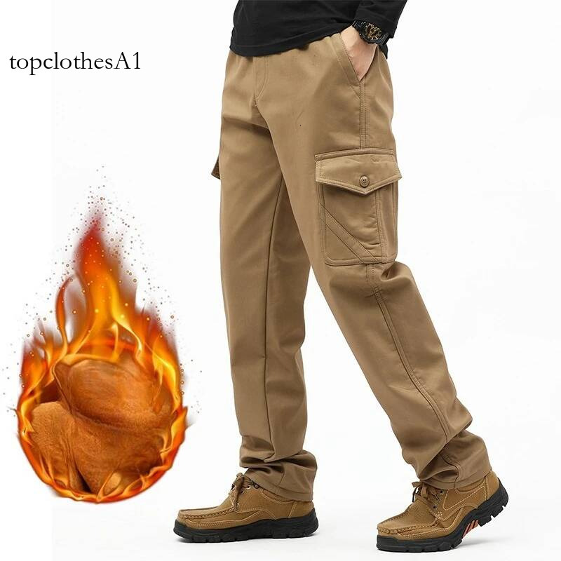 2026 Men's Winter Pants Fleece Lined High Waist Cargo Trouser Male Cotton Thick Warm Straight Leg Plus Size Big Zip Pocket Work