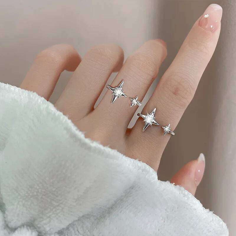 PANJBJ 925 Sterling Silver Four-pointed Star Shining Zircon Ring High-end Personalized Opening Adjustable Jewelry H260312