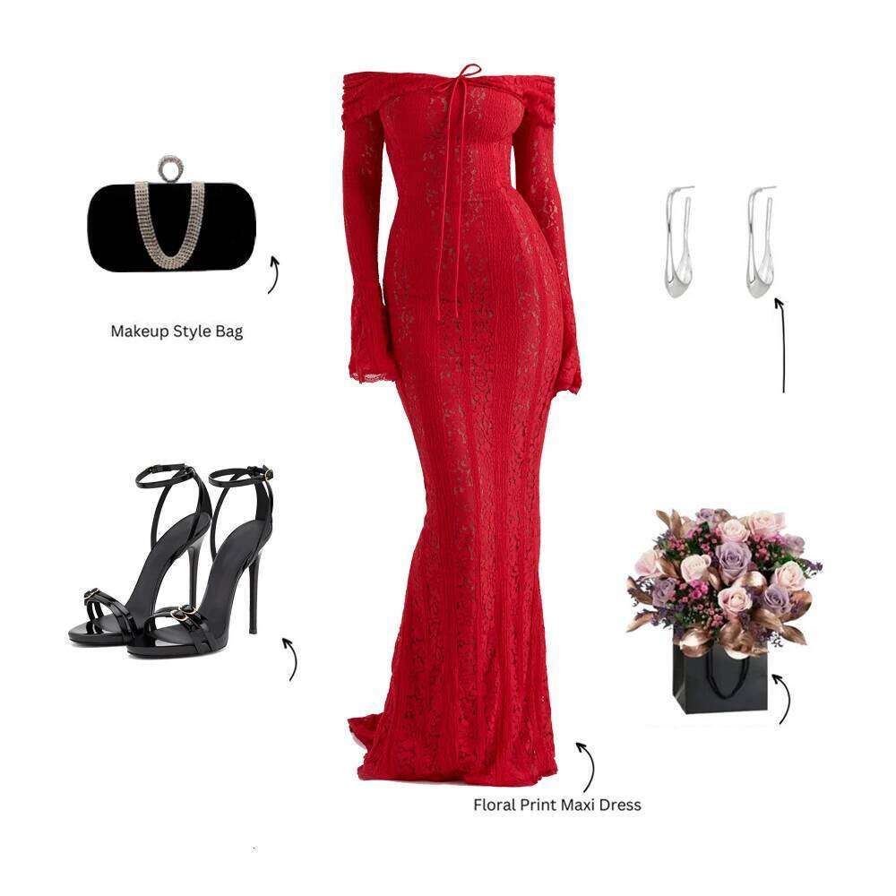 Oligai Autumn Off-Shoulder Maxi Elegant Lace Flare Sleeves Red Evening Party Women's New Arrival 2025 Cocktail Dress C260312