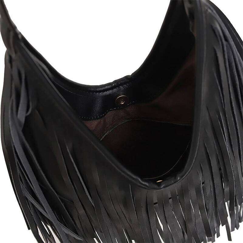 Long Women Leather Bohemian Style Tassel Shoulder Fringe Hobos Armpit Bag Large Capacity Travel Female Tote Handbag WONST