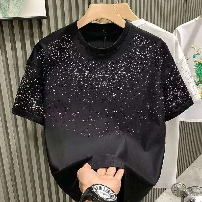 Rhinestone Rivet for Men Clothing Round Neck Casual T-shirt Fashion High Street Men's Summer Short Sleeves 26H0312
