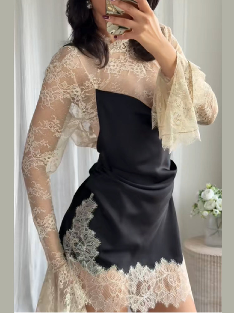 Vintage Contrast Lace Satin Dress for Women Sheer Bell Sleeve Mock Neck Ruched Bodycon Mini Cocktail Dress