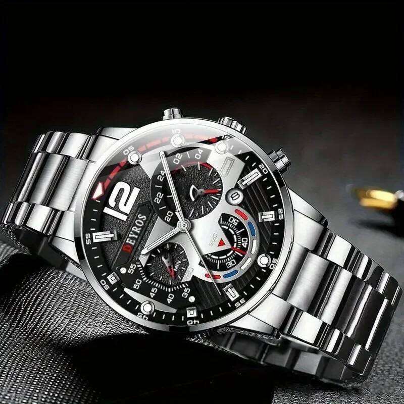 5 Pcs/set Men's Fashion Watch Set, Quartz Wristwatc Hip Hop Cuban Chain Necklace, Bracelet & Ring, Business Style Accessories