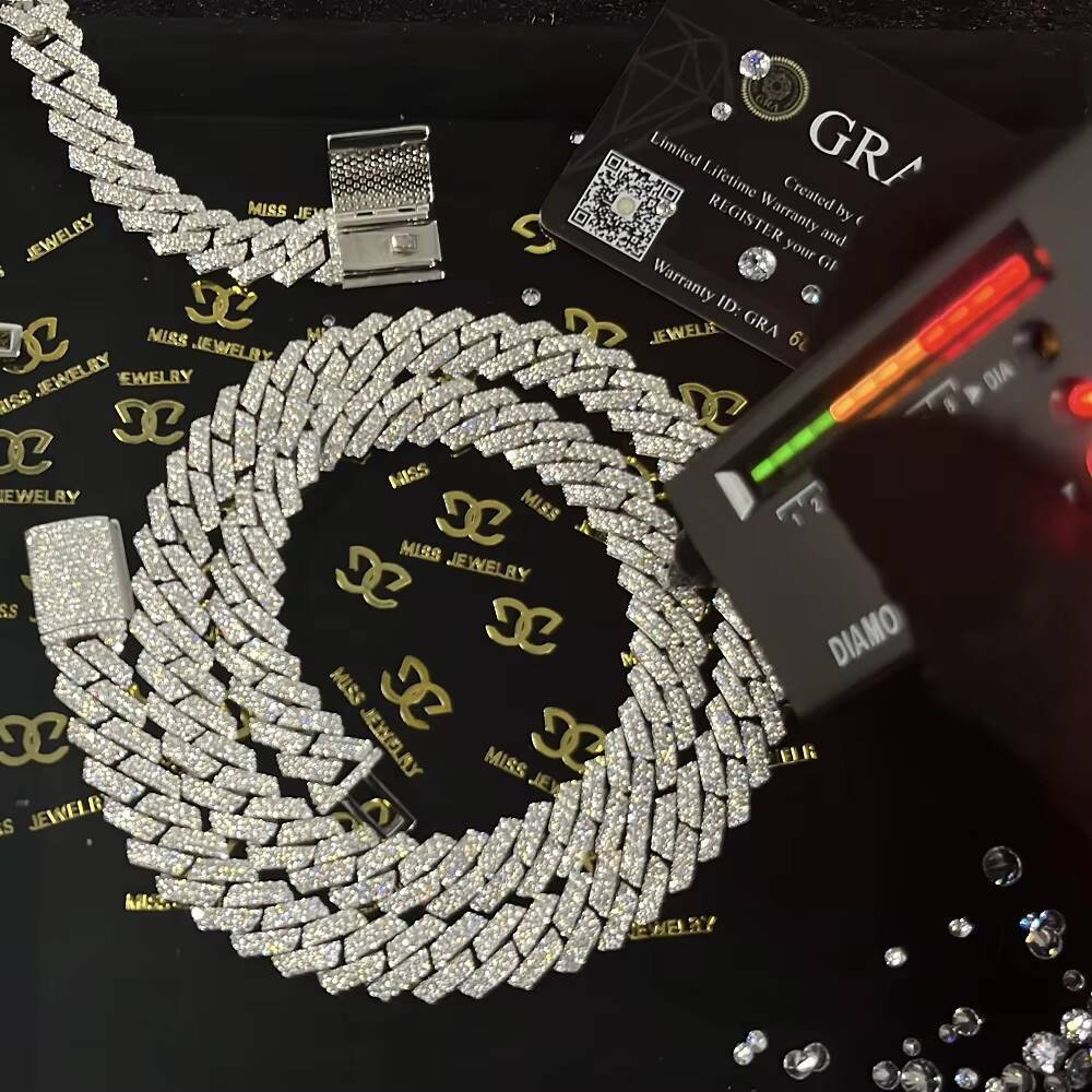 Mens 8mm Silver Moissanite Cuban Link Chain Necklace with Flap Clasp Design Fine Jewelry Bracelet