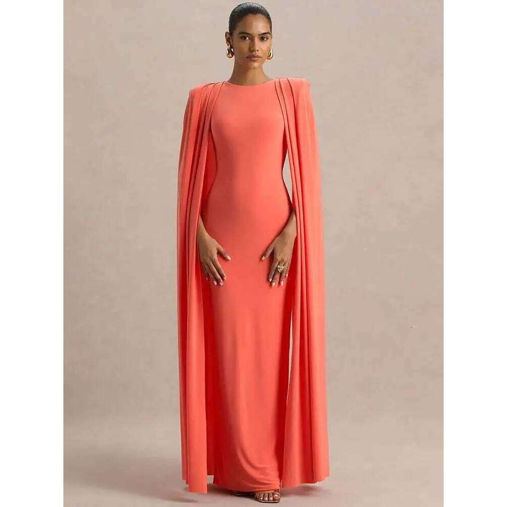 Blifanbo Sexy Cape Sleeve Maxi Dress Women Gown Fashion O Neck High Waist Split Zipper Club Party Long Dresses Female Elegant C260312