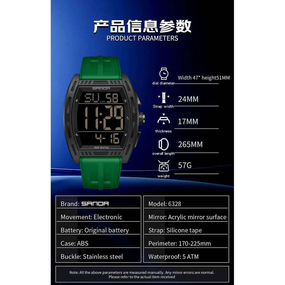 SANDA 6328 Fashion Cool Electronic 5ATM Waterproof, Seismic, and Drop resistant Large Digital Night Light Men's Watch