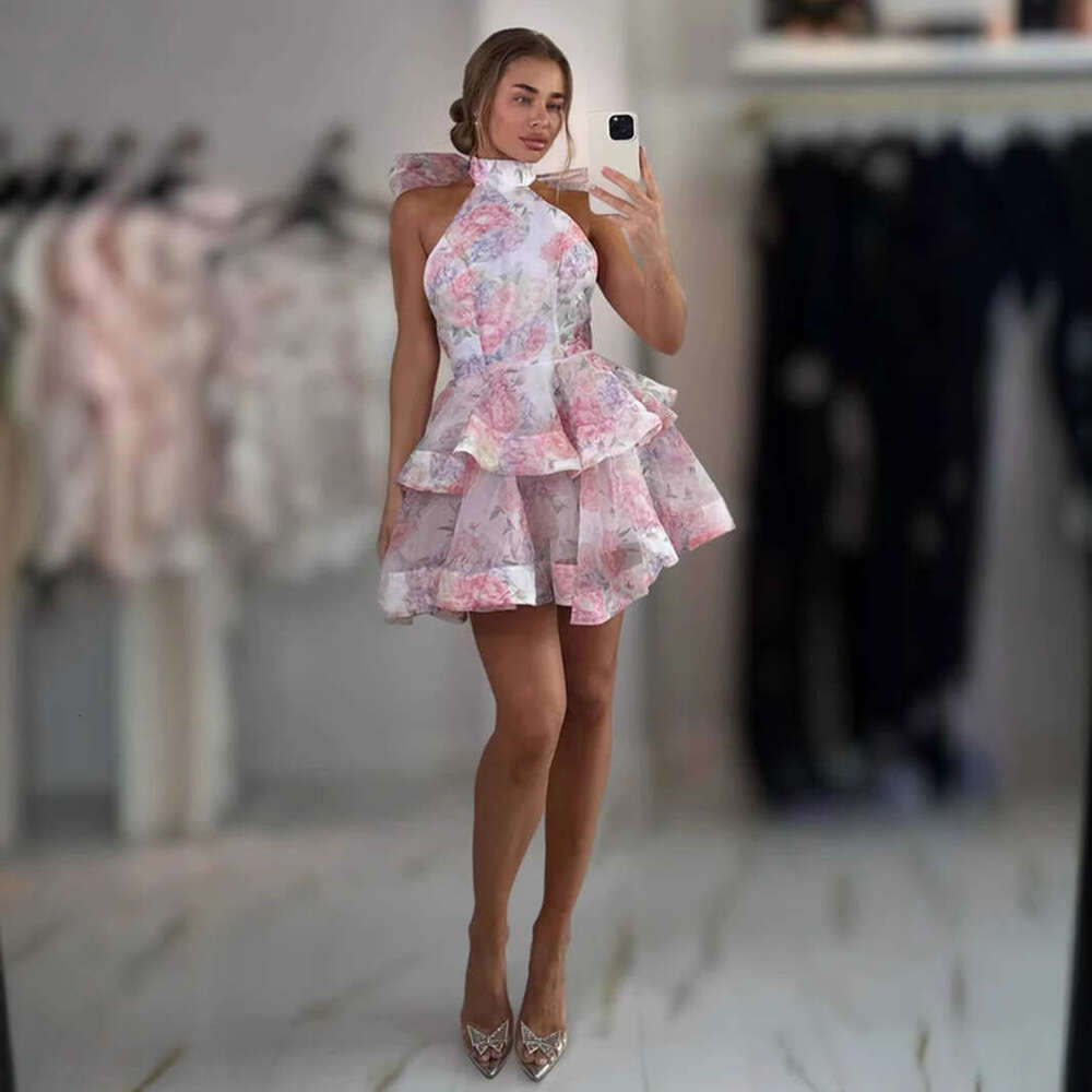2026 Spring/Summer Cross-Border Foreign Trade New French Sweet Floral Print Waist-Cinching Short Dress with Stand Collar