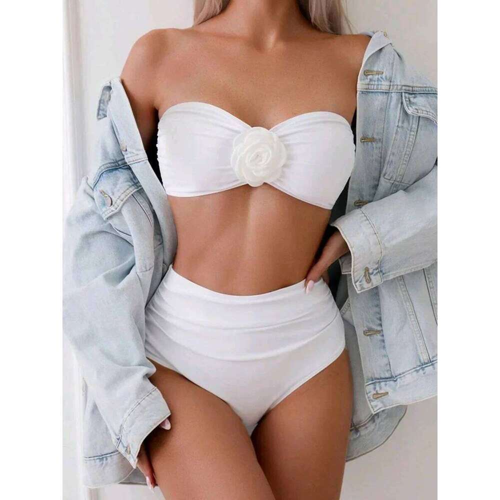 XS - L 3D Flower Bandeau Bikinis Female Swimsuit High Waist Women Swimwear Two-pieces Bikini Set Bathing Suit Swim Lady Y260303