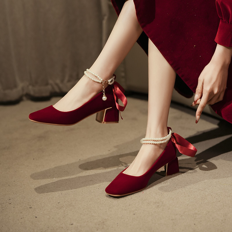 STAOXINDIKE 2025 New Designer High Heel Mid Kitten Heel Stiletto Synthetic Fabric Red Black Strap Evening Formal True to Size Luxury Budget Heeled Sho