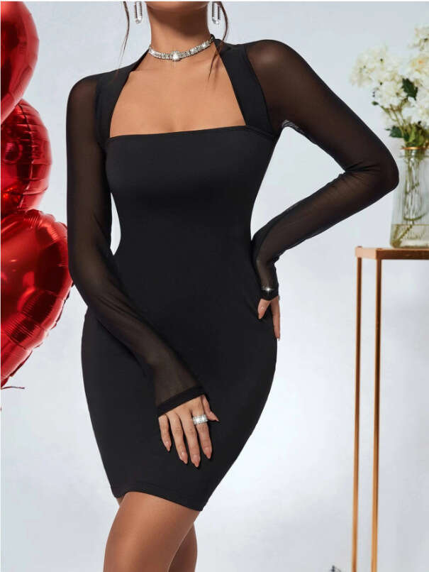 2024 Fall/Winter New European and American Women's Fashion Sexy Square Neck Slim-Fit Long-Sleeve Knit Bodycon Dress Short Skirt