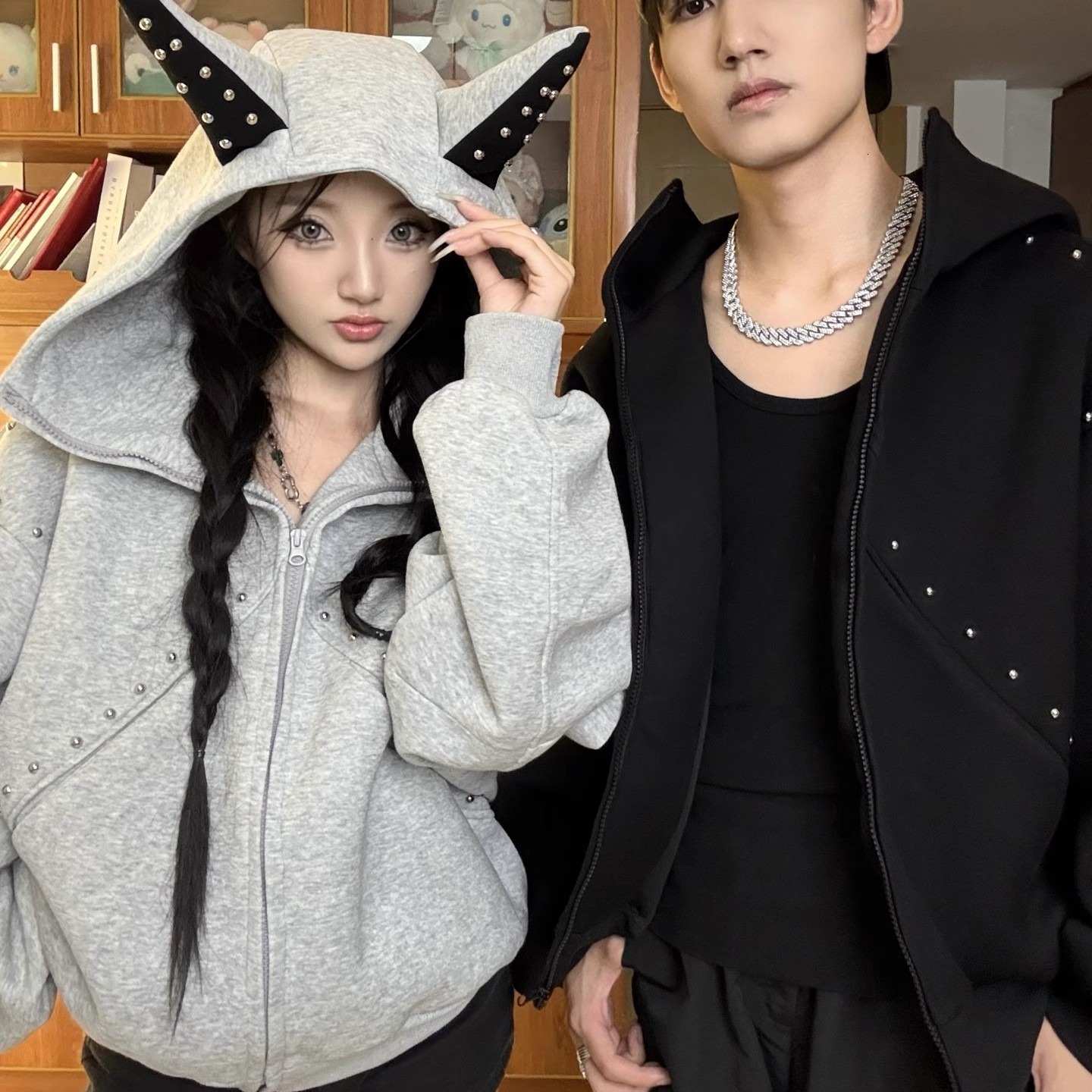 Designer Hoodie And Hip-hop Retro Oversized Hooded Sweatshirt Unisex Style Versatile And Cute With Cat Ears And Rivets Trendy Couple's Jacket