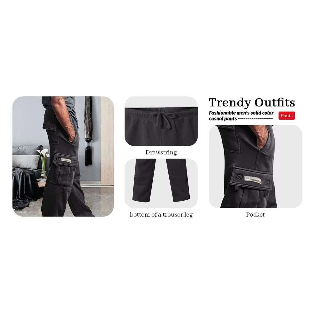 Men'S Cargo Rope Loosening Waist Solid Color Pocket Comfortable Loose Sports Trousers Casual Wide Leg Pants